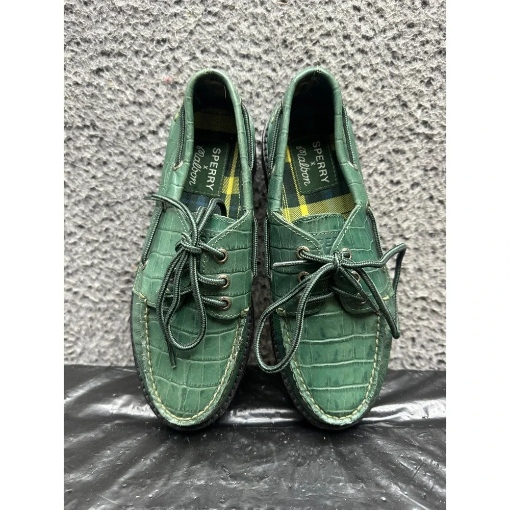 Sperry Malbon Golf 3-Eye Bone Croc Leather Boat Green STS25221 Shoes Mens 5 US